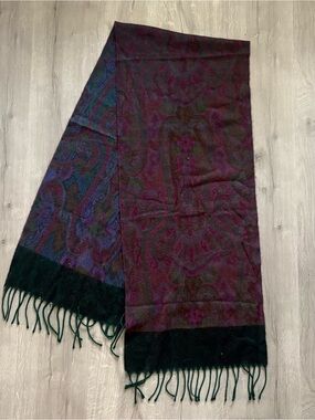 Christian Dior Vintage Paisley Fringe Scarf in Plum & Green Missing Brand Tag